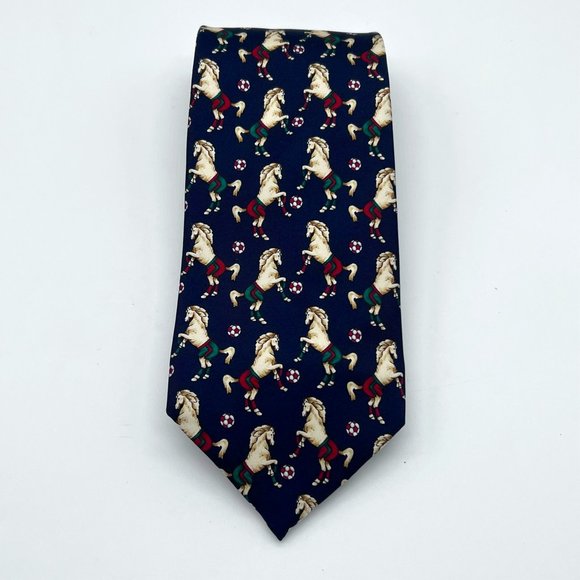 Brooks Brothers Makers Silk Navy Blue Prancing Horses Playing Soccer Mens Tie - Picture 1 of 6